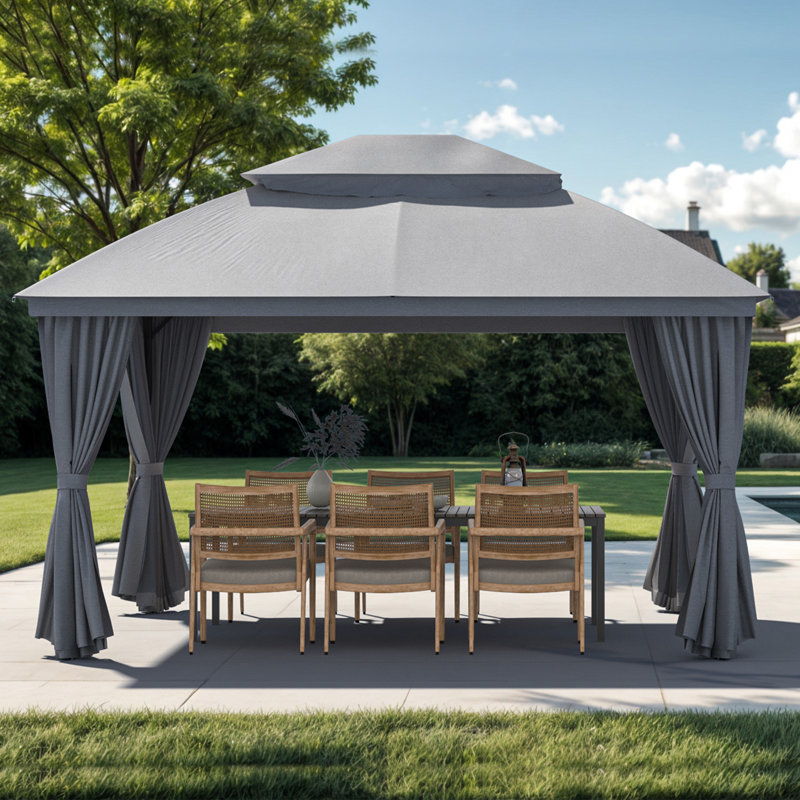 Vita 13 Ft. W x 10 Ft. D Steel Patio Gazebo with Soft Top Double Roof and Curtains