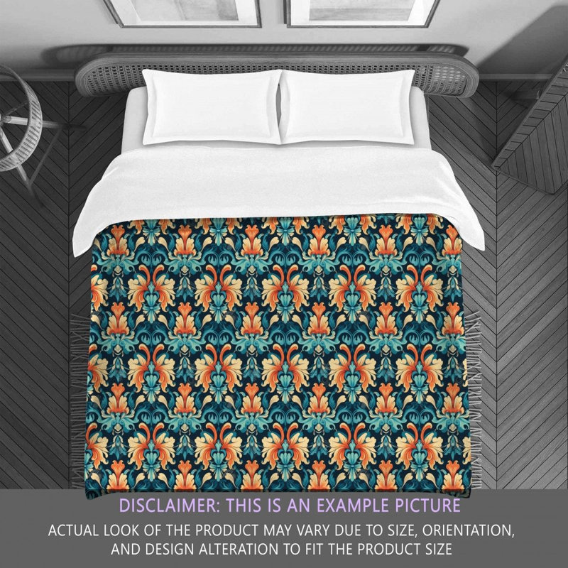Polyester Comforter, King Comforter, Blue/Orange Damask