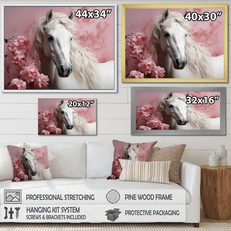 Cheval rose blanc doux beauté - art mural cheval, H 12 po x l 20 po x P 1 po, Cadre flottant noir