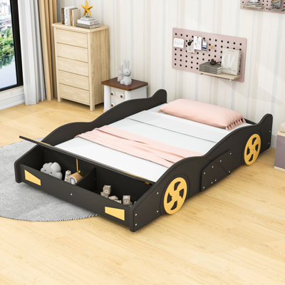 Lit plateforme double avec rangement, garde-corps et pieds centraux, conception en forme de voiture de course