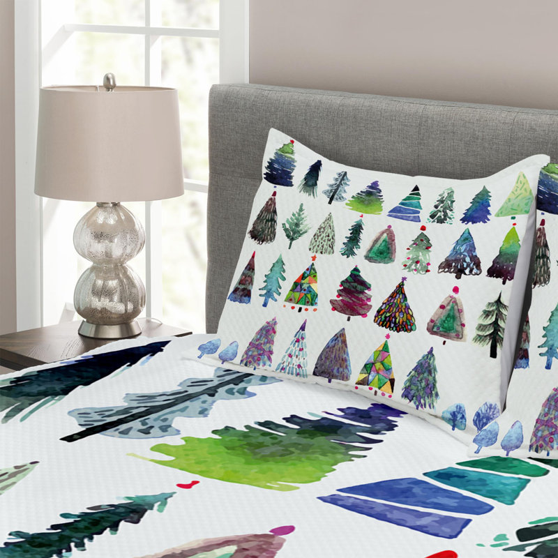 Queen White Watercolor Fir Trees Bedspread Set