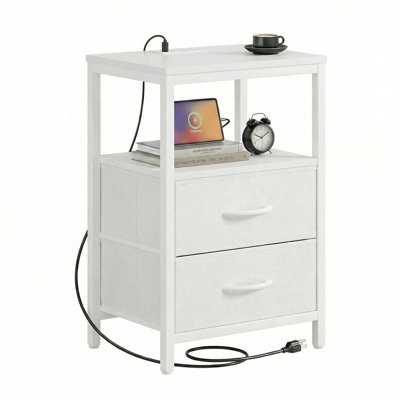 Bedside Table Charging Station Nightstand with Fabric Drawers, End Side Table for Bedroom Living Room
