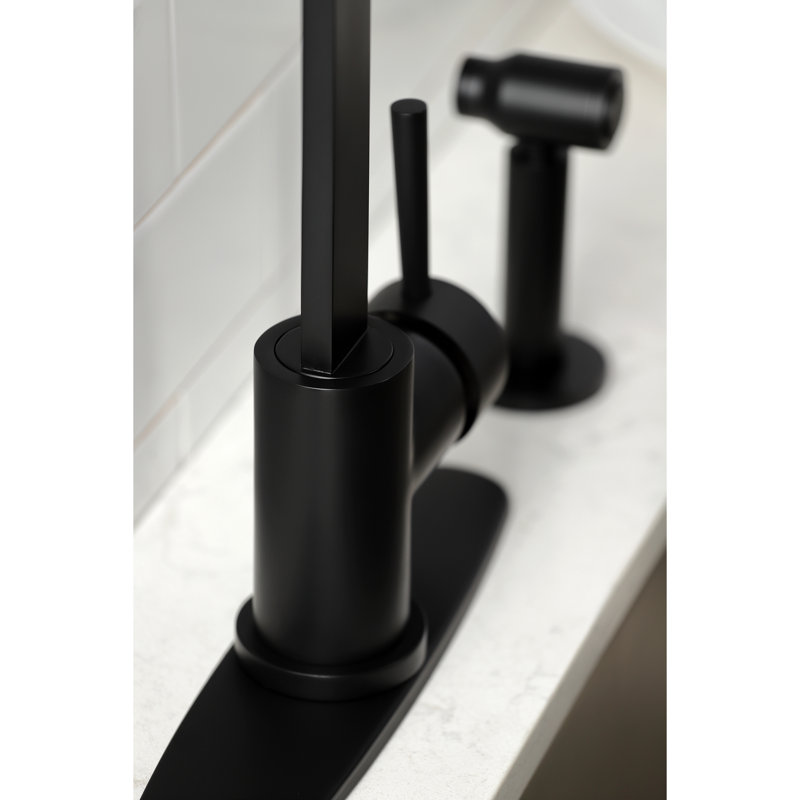 Kingston Brass Concord Single-Handle Deck Mount Kitchen Faucet with Brass Sprayer and Deck Plate, Matte Black