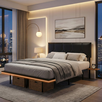Aether Upholstered Floating Bed Frame with Charging Shelves & Lighting, Metal Platform, No Box Spring Needed