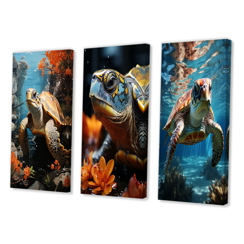 «Turtle Aquatic Wanderer Pastoral», 3 pièces sur toile, Toile tendue, H 40 po x l 60 po