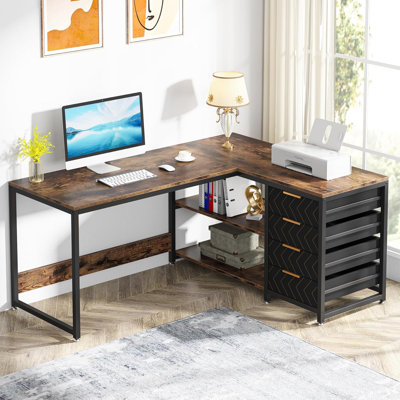 Bureau d'ordinateur en L, bureau multifonctionnel avec tablettes et tiroirs de rangement