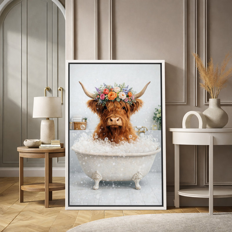 Highland Cow, H 36 po x l 24 po x P 1,5 po, Cadre blanc