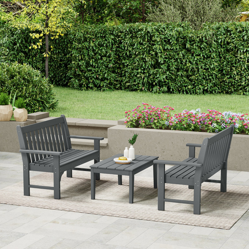 Laguna Poly 3-Piece Bench With Coffee Table, Gray