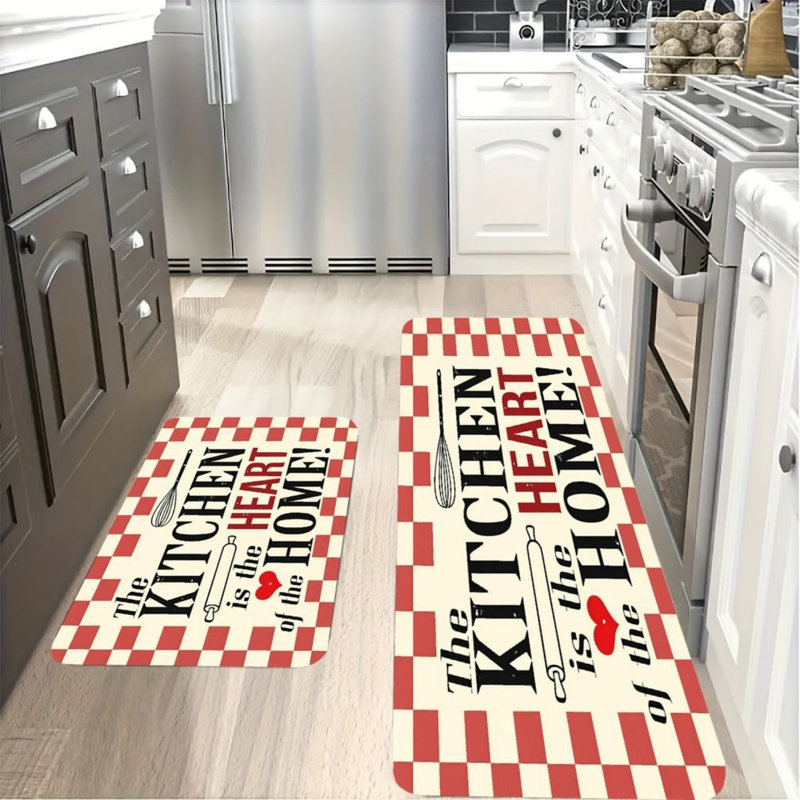 Tapis de cuisine 2 pièces à carreaux rouge et blanc