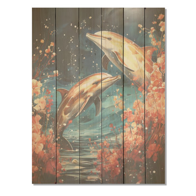 Dauphins mystiques, art mural sur bois de pin naturel