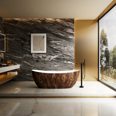 CASAINC 67" x 30" Freestanding Solid Surface Soaking Bathtub with Wood Grain ＆ Center Drain, Oval