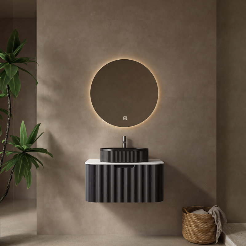 Meuble-lavabo mural moderne moderne à rebords courbés et à bords arrondis avec vasque en cermic noir, 30"