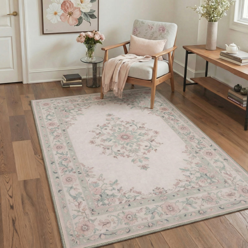 Veridian Floral Machine Washable Pink / Green Indoor Area Rug with Non-Slip Backing, Round 5'