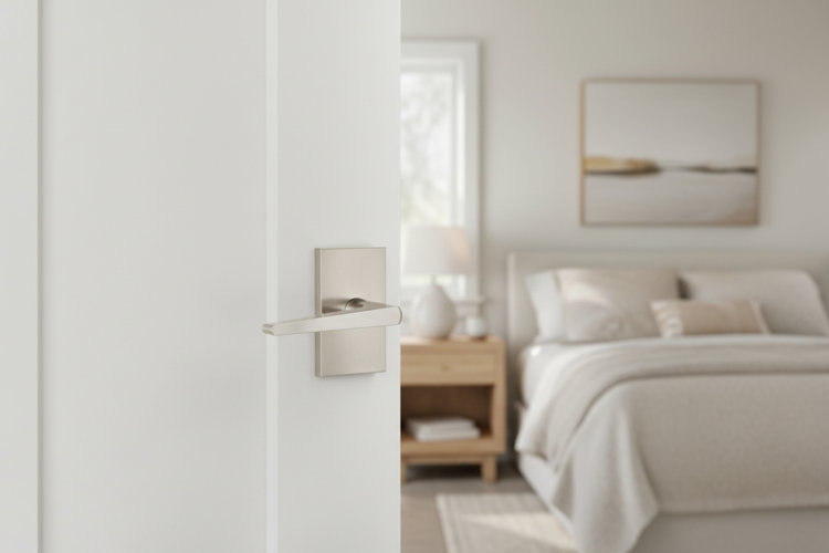 satin nickel door level on an interior bedroom door