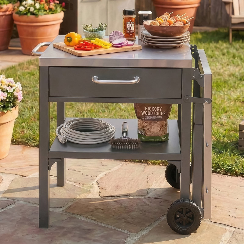 Chariot de cuisine d'extérieur avec plateau pliable et espace de rangement, Gris