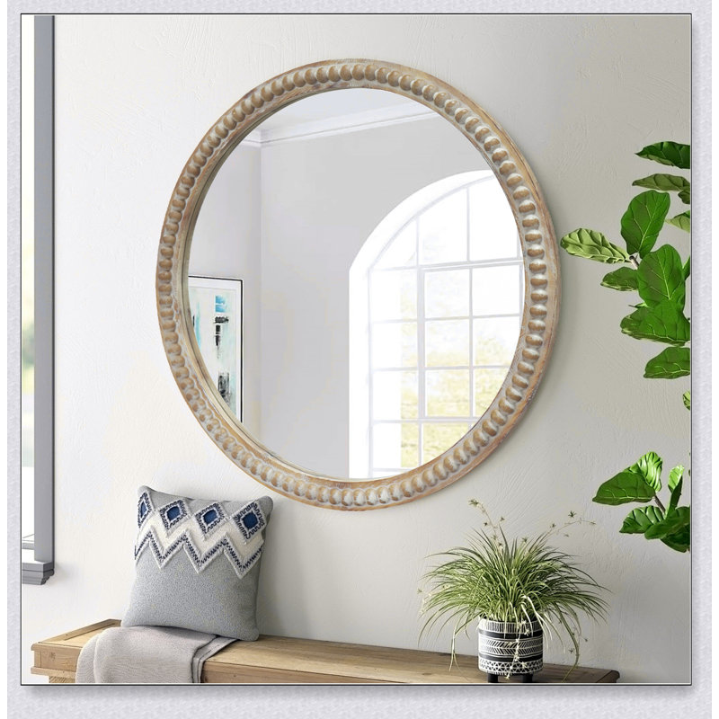 Miroir mural rond rond avec cadre perlé en bois vieilli, parfait pour l'entrée et le salon, 23,62 po x 23,62 po