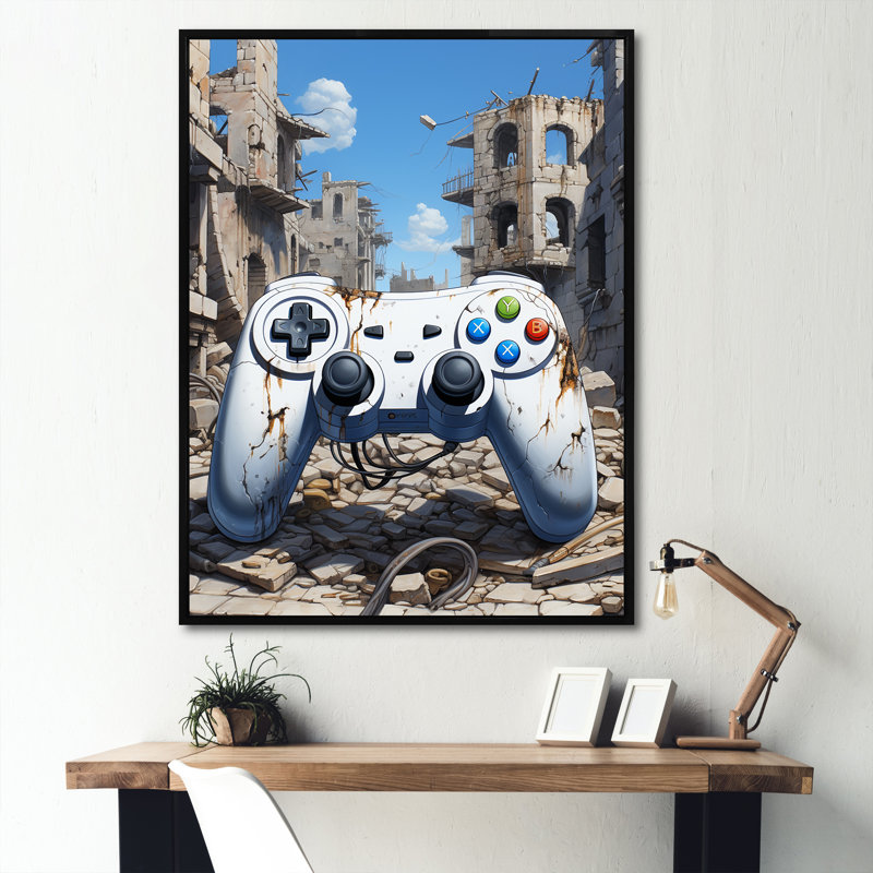 «White Ps Controler Paradise Ruins», art mural jeux vidéo, Cadre flottant noir, H 20 po x l 12 po x P 1 po