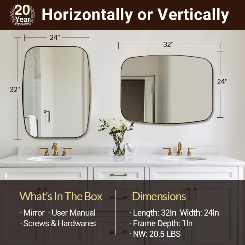 Miroir de salle de bain ovale moderne | Cadre en acier inoxydable, Bronze brossé, 32 po x 24 po