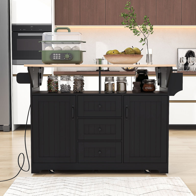 Chinita Versatile Dual Folding Kitchen Island Cart with Storage and Built-in Charging Station, Black