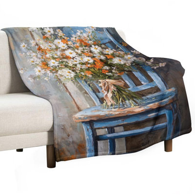 Daisies and Orange Blooms on Blue Chair Luxury Flanel Luxury