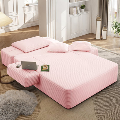Luxueuse chaise longue en velours côtelé avec 3 coussins, canapé-lit convertible avec pochette de rangement, conception sans cadre et mousse de compression pour les petits espaces, salon, appartement, rose bébé