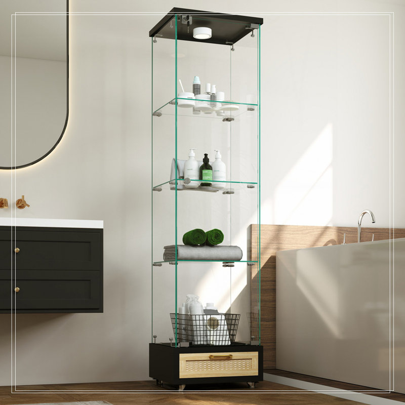 Vitrine moderne en verre avec tiroir, Noir/naturel