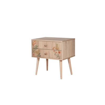Modern Scandinavian Nightstand with Wooden Legs, 23.6 x 24.0 x 15.7 inches | 100% Melamine Coated Particle Board, UV Digital Printing | Numerous Shelves, Wall-Mountable, Stylish Storage for Bedroom & Living Room