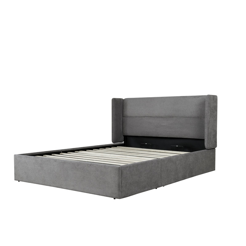 Lit plateforme tapissier avec rangement Gaillarde, Double, Gris olive clair