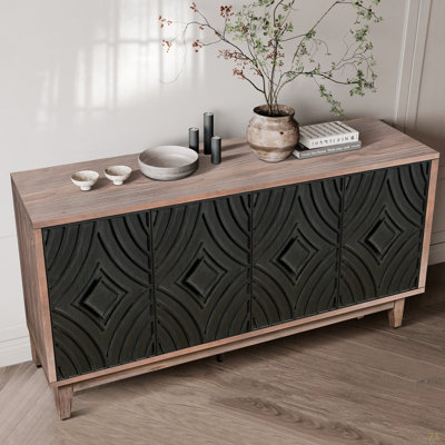Mid Century Sideboard Buffet Cabinet With Solid Wood Legs 60" Kitchen Storage Cabinet Credenza With 4 Convex Pattern Diamond Doors And 2 Shelves Accen by George Oliver