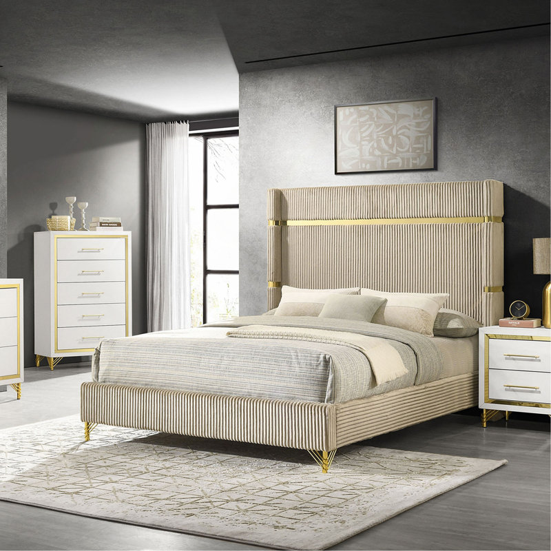 Beige Upholstered Wingback Bed