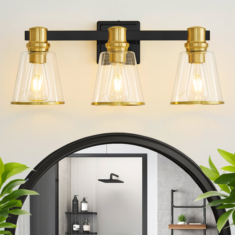 Luminaire de meuble-lavabo moderne à intensité variable Milasia avec abat-jour en verre transparent conique, Noir mat / Or, 3