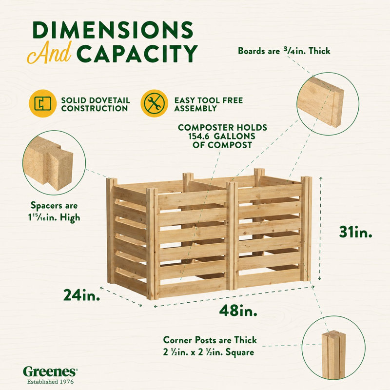 Solid Wood Outdoor Stationary Composter, 31" H x 48" W x 24" D