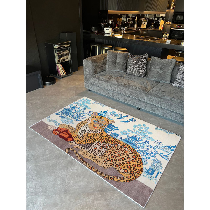 Tapis tissé sur fond thématique bleu tigre, Rectangle 4 pi 7,12 po x 6 pi 6,74 po