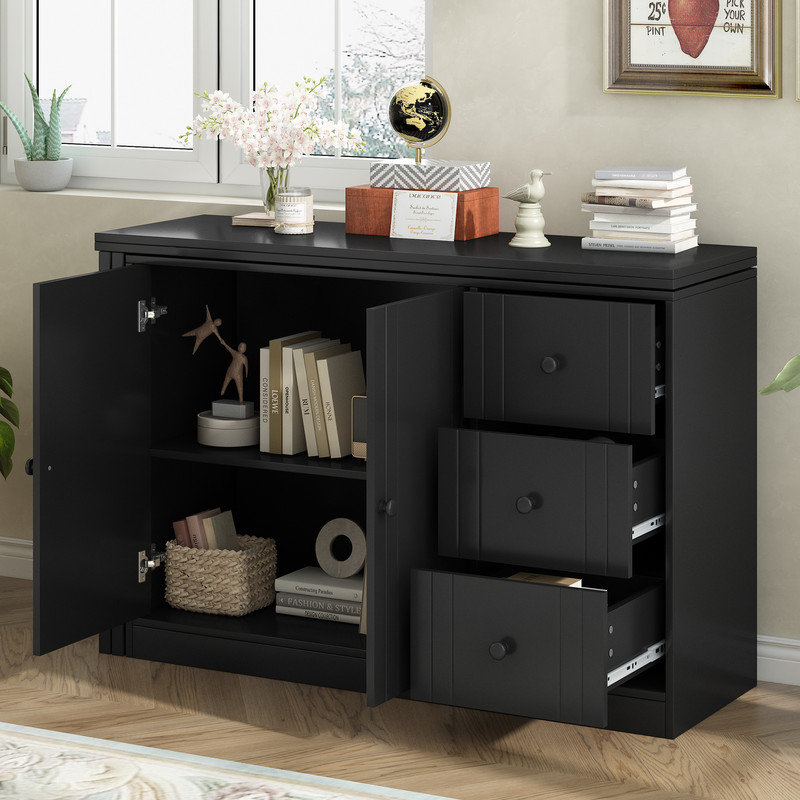 Kitchen Island with Extendable Dining Table,Converts Into a Dining Table and Adjustable Pull-Out Top, Black