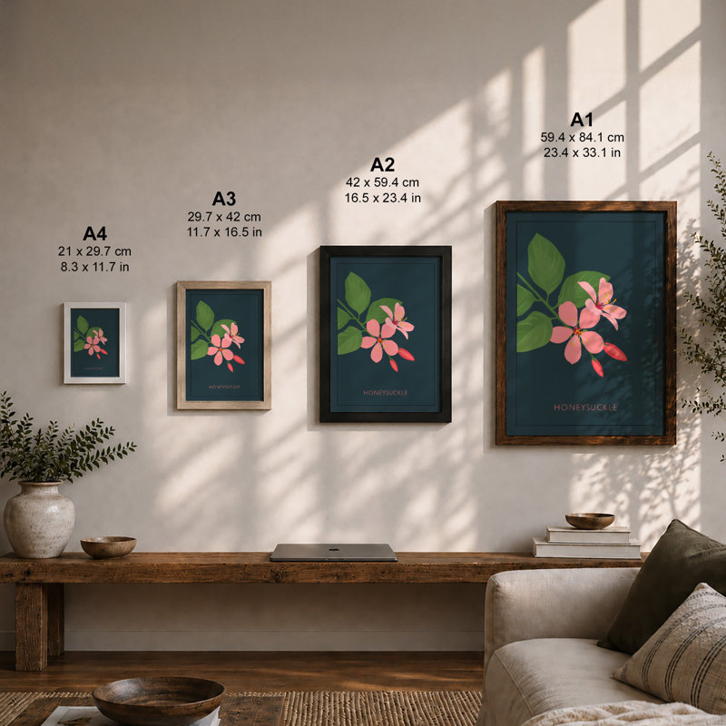 Honeysuckle Study Botanical - Framed Print, A1 - 84.1 x 59.4 cm, Oak