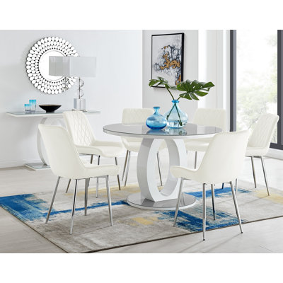 Scottsmoor Modern Halo Seat Round Dining Table Set - 6 Luxury Velvet Mid-Century Upholstered Chairs