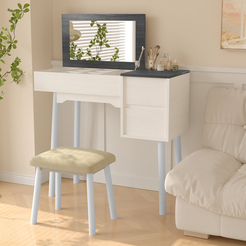 Bureau de coiffeuse avec miroir rabattable, ensemble de coiffeuse avec chaise, bureau de maquillage avec 2 tiroirs et 8 compartiments de rangement, coiffeuse pour chambre à coucher