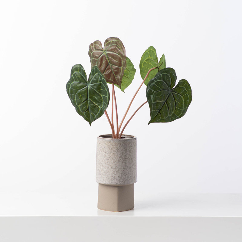Faux Anthurium Leaves Artificial Plant in Modern Glazed Concrete Vessel