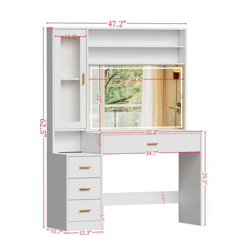 47.2" Makeup Vanity With 34.4" Lighted Mirror, 4-drawer Dressing Table With Charging Station, Glass Storage Cabinet, And Nightstand For Bedroom