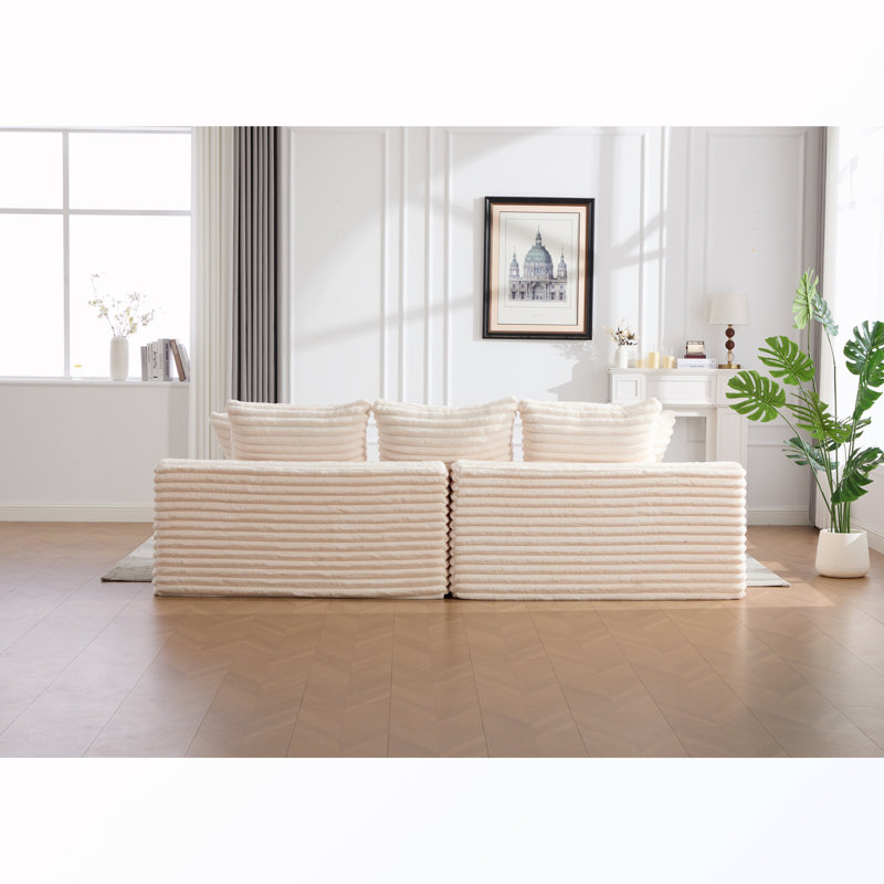 Canapé rembourré 4 places avec porte-gobelet et poches latérales et coussins, Beige Corduroy