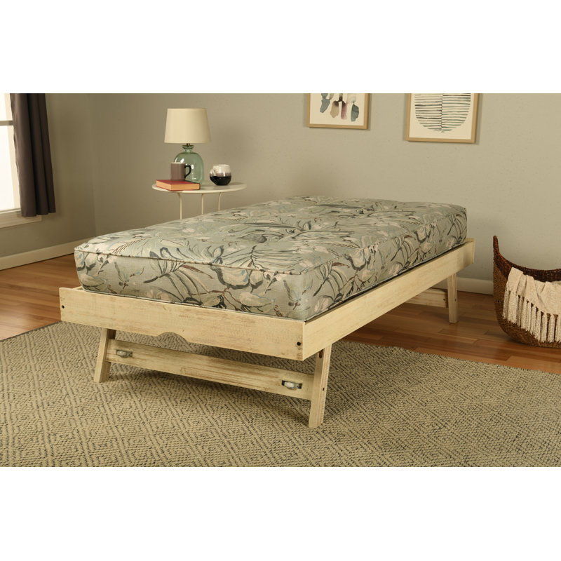 Lit escamotable en bois massif avec matelas Alhamdi, Blanc patiné / pluie Takara