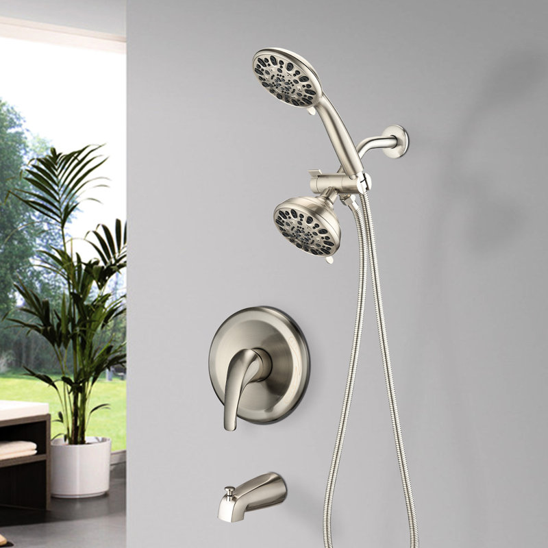 Wall Mounted Dual Shower Head System With Tub Spout - High Valve . 7 Spray Patterns. Brushed Nickel 2 In 1 Faucet Valve. Modes For A Relaxing Bath Experience. Finish