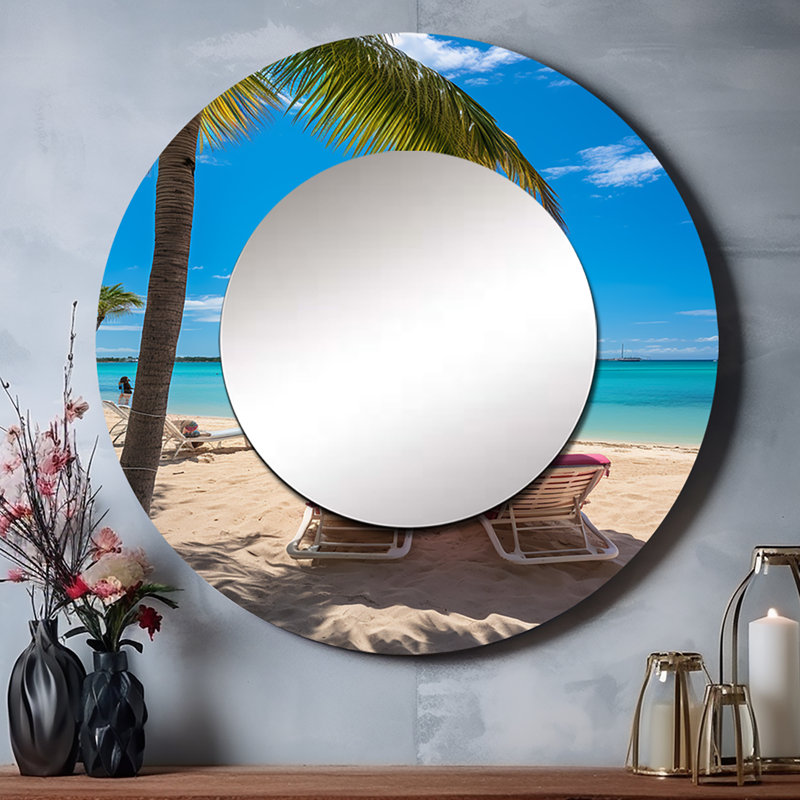 Chaises de plage rose Seveon - miroir décoratif de plage, miroir mural rond côtier, impression d'art en métal, 36 po x 36 po