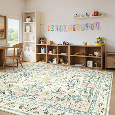 Kaldi Oriental Botanical Floral Machine Washable Area Rug with Non-Slip Backing for Living Room, Dining Room, Bedroom