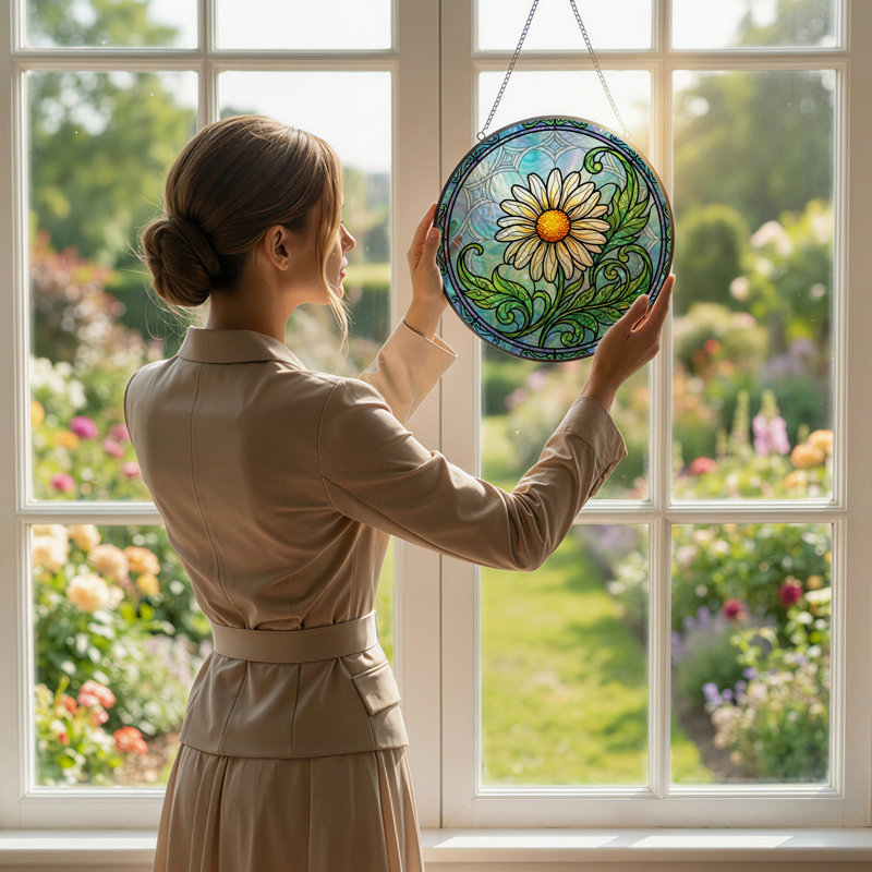 7.8"H Daisy Floral Stained Glass Window Panel, 7.8" H x 7.8" W