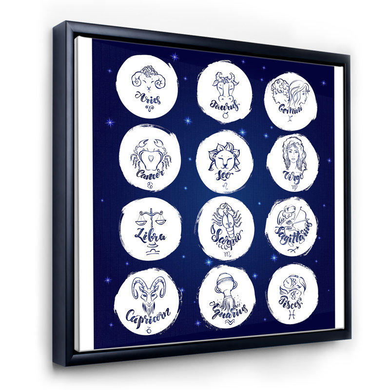 Signes du zodiaque sur bleu - Impression sur toile, H 30 po x l 30 po x P 1 po, Cadre flottant noir