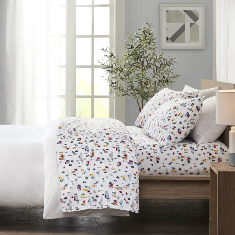 Drap simple de 3 pièces avec impression de village blanc séduisant, matériau 100% flanelle de coton pour une sensation de confort, plusieurs impressions à choisir, livré à plat, draps-housses et taie d'oreiller, s'adapte à 12 po simple / double