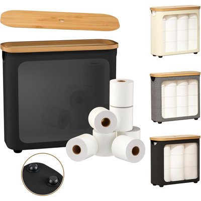 Foldable Bathroom Basket With Bamboo Lid – Waterproof Toilet Paper Holder, Non-Slip Base, Holds 9 Mega Or 12 Regular Rolls, Black