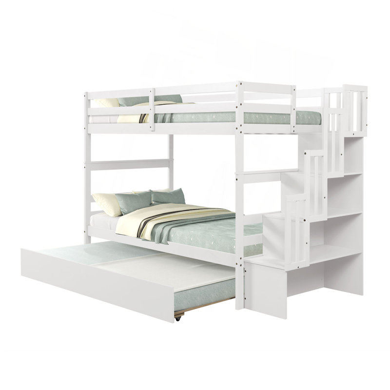 Twin Over Twin Bunk Beds With Twin Trundle And Stairway Storage Function In White Color