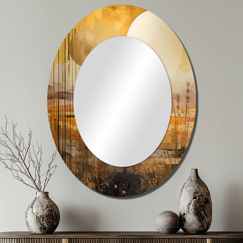Golden Sunset Cottage Countryside Landscape II - Large Oval Wall Mirror On Metal, 40" x 30"